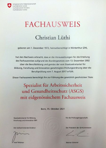 Fachausweis Spezialist Arbeitssicherheit